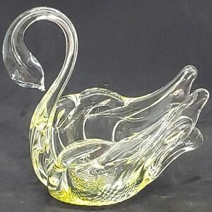 Chalet Glass Vintage Hand Blown Clear Yellow Textured Base Art Glass Swan Dish